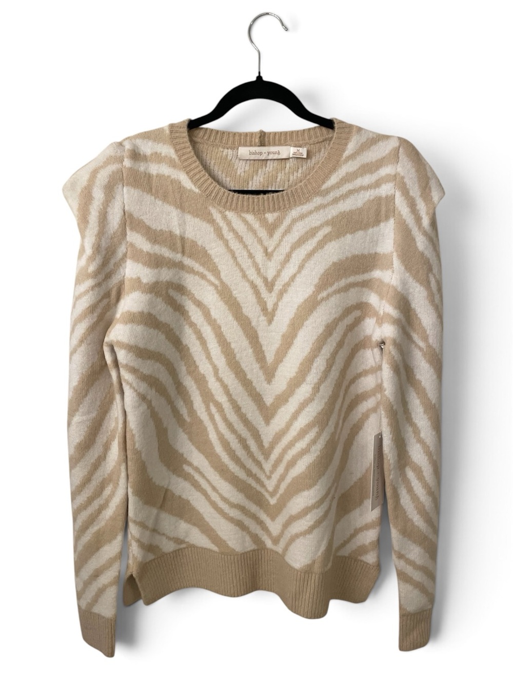 bishop + young Anthropology, Tan and Cream Zebra-Pattern Crewneck Sweater,Size M